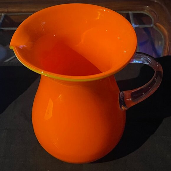 Two's Company Other - Vintage Glass Pitcher Hand Blown Orange with Clear Handle